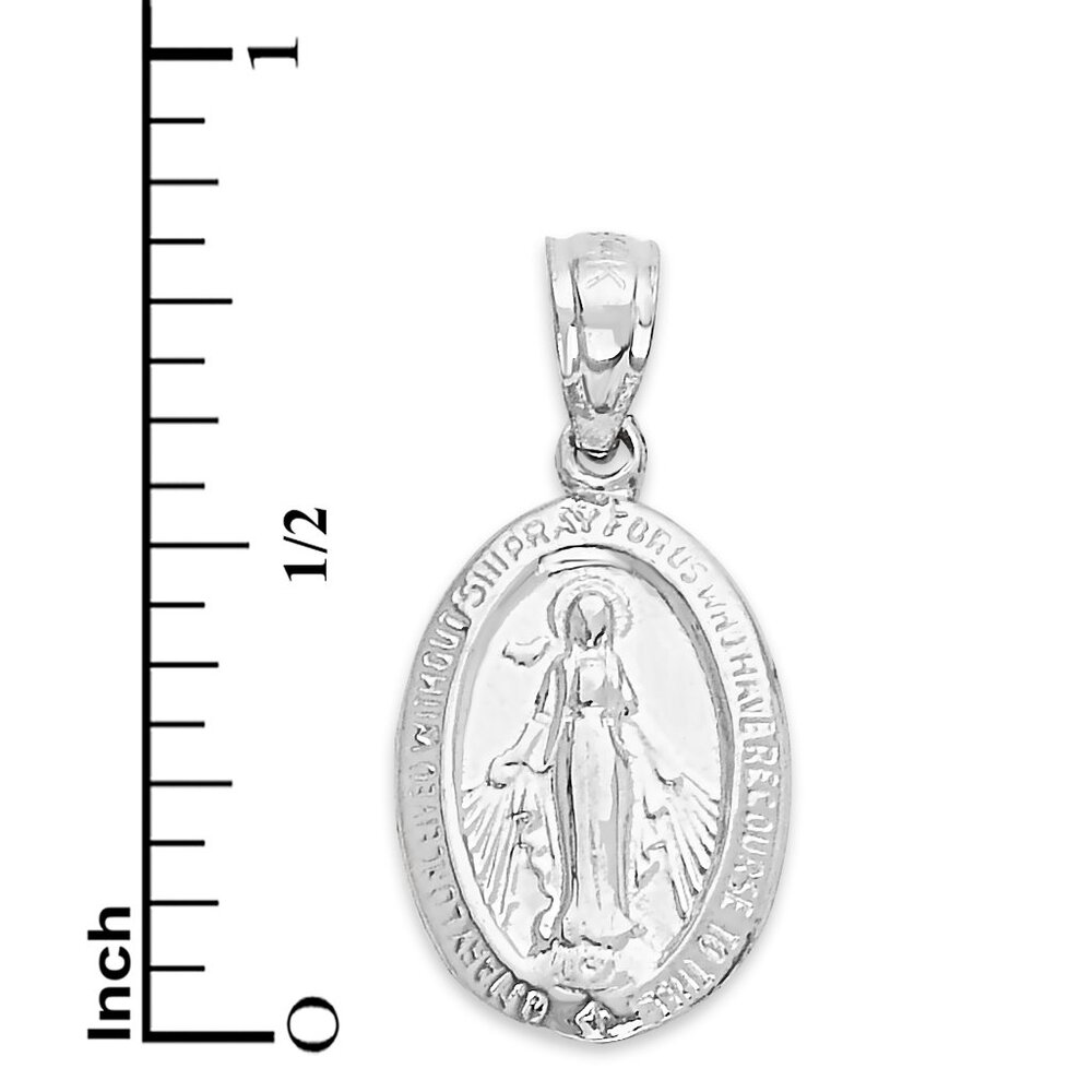 Solid 14k White Gold Miraculous Medal Pendant - Virgin Mary Medallion - Picture 4 of 5